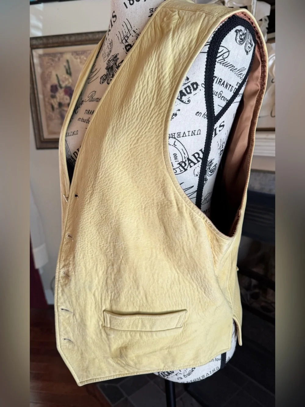 90s Vintage Banana Republic Yellow Leather Safari Vest Brown Satin Lining Small